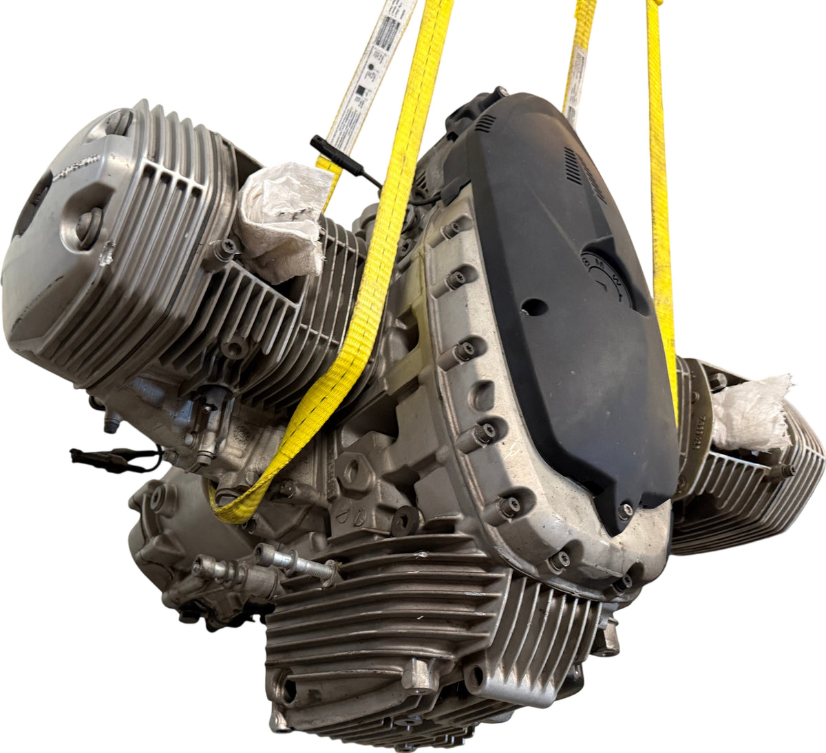 BMW R 1200 GS engine and gearbox suspended from lifting straps